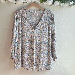 Cynthia Rowley Floral Blouse Top Women’s Split Neck Tie Long Sleeves
